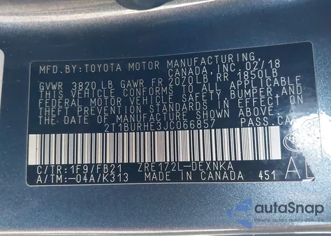 2018 Toyota Corolla Le z USA, uszkodzony, nr VIN 2T1BURHE3JC066857